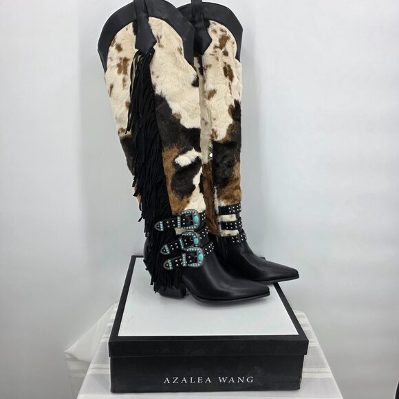 AZALEA WANG Gwayne Cow Print Knee High Fringed Western Boot Buckles 7-11 NWT - Picture 6 of 15